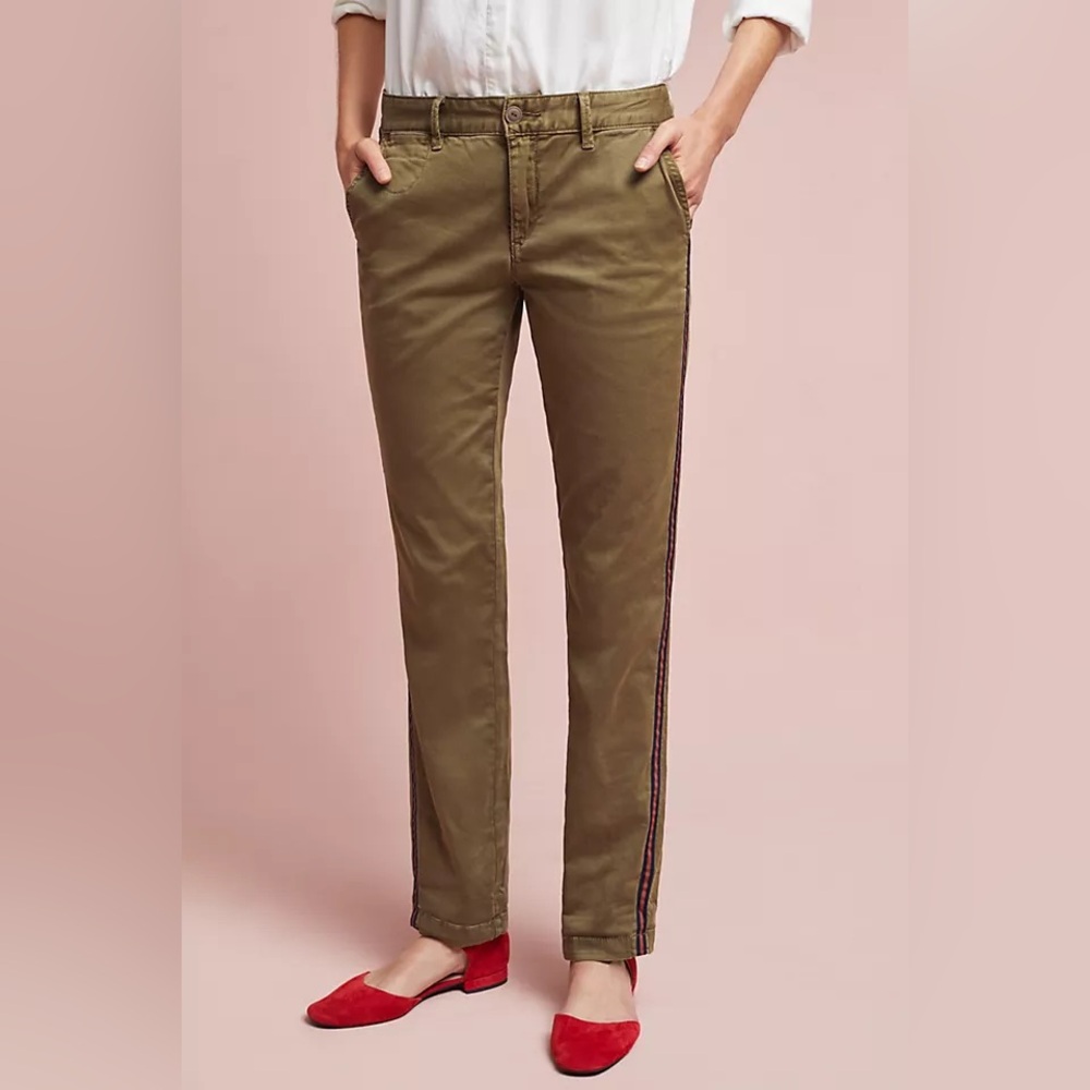 Anthropologie Olive Green Straight-Leg Pants with Side Stripe